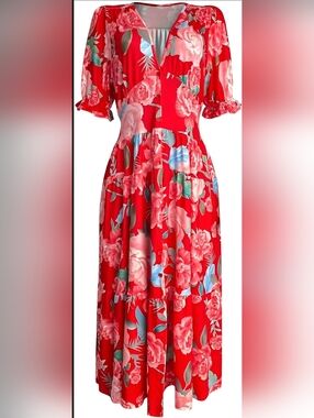 Red Pink Floral Midi Dress Boho Button Front Cottagecore Vacation Size Med
